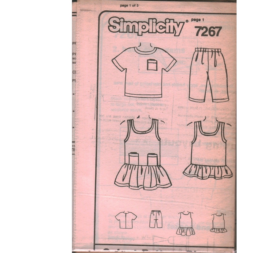 Vintage Simplicity 7267 Kids Sewing Pattern‎ T-Shirt Shorts Dress Ruffle Tunic